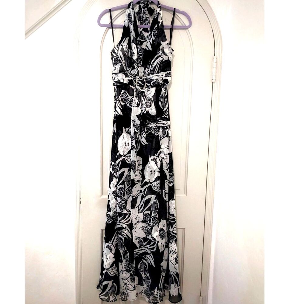 WHBM Vintage Y2K Goddess Floral Full Length Formal Halter Dress Sheer/Satin Sz 0